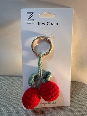 Z&Z Red Crochet Cherry Key Chain with Green Leaves